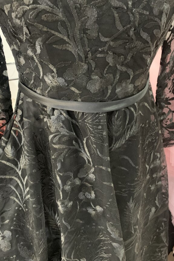 Silver Gray Lace Evening Dress - Long Sleeves