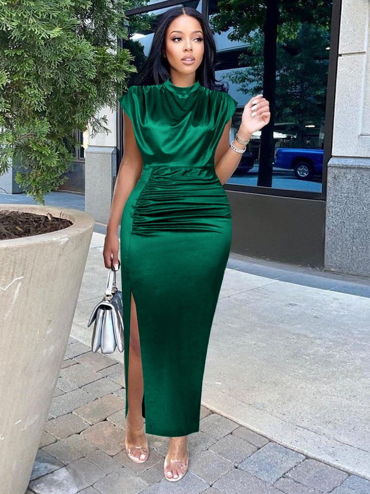 Pleated High Collar Sleeveless Maxi Dress
