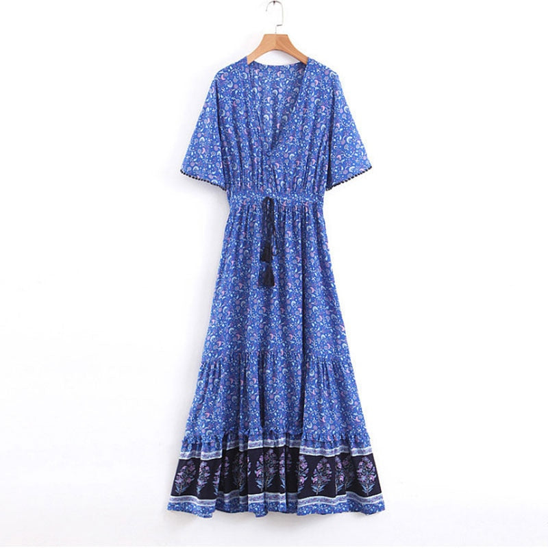 Bohemian Long Party Dress Ladies Viscose Floral Print Beach Dress
