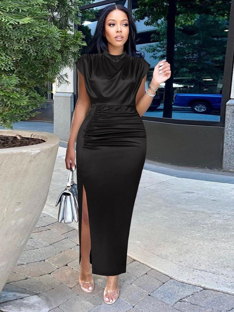 Pleated High Collar Sleeveless Maxi Dress