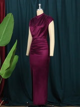 Pleated High Collar Sleeveless Maxi Dress