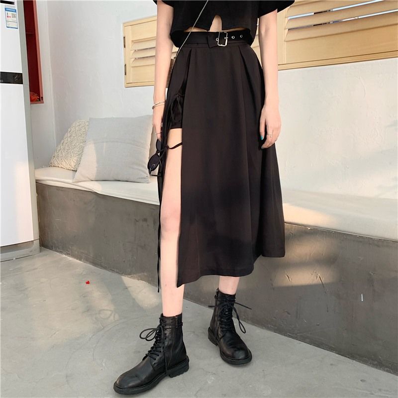 Vintage Gothic High Split Mid-Calf Skirt - Streetwear Chic