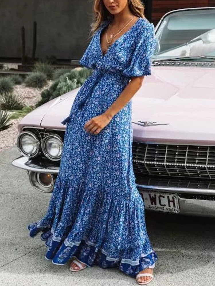 Bohemian Long Party Dress Ladies Viscose Floral Print Beach Dress