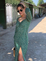 Vintage Green Floral Maxi Dress: Long Sleeve Slit Boho