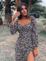 Vintage Green Floral Maxi Dress: Long Sleeve Slit Boho