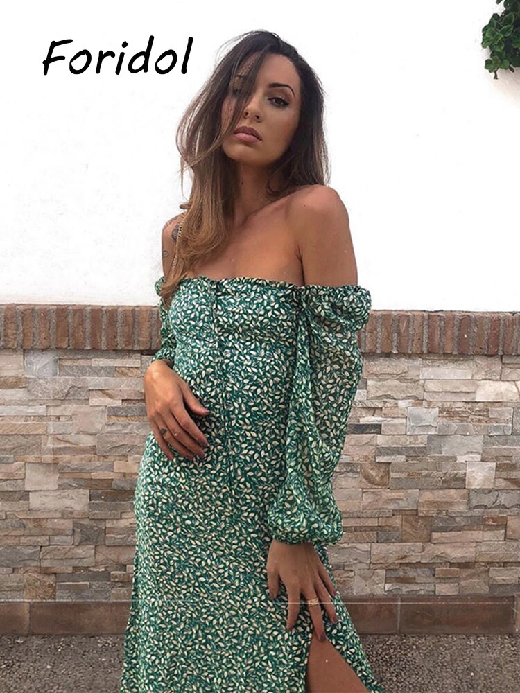 Vintage Green Floral Maxi Dress: Long Sleeve Slit Boho