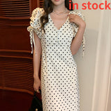 Polka Dot V-Neck Puff Sleeve Dress - Korean Chic