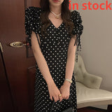 Polka Dot V-Neck Puff Sleeve Dress - Korean Chic