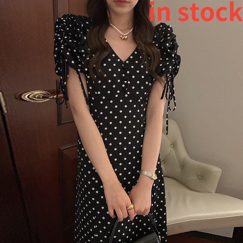 Polka Dot V-Neck Puff Sleeve Dress - Korean Chic