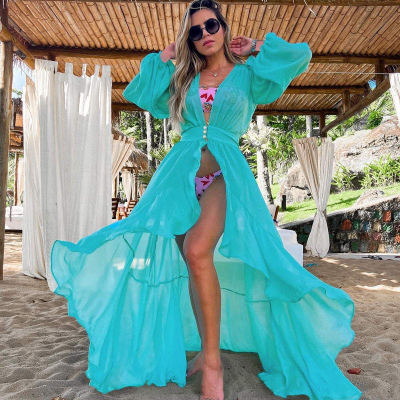 Cotton Beach Kaftan: High Collar Swim Cover Up