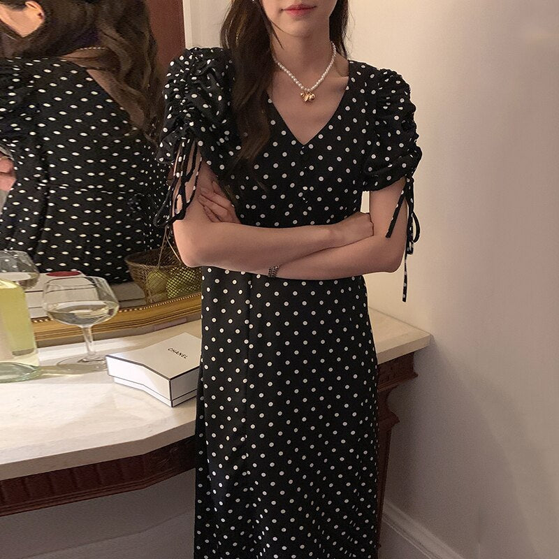 Polka Dot V-Neck Puff Sleeve Dress - Korean Chic