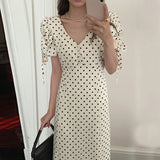 Polka Dot V-Neck Puff Sleeve Dress - Korean Chic