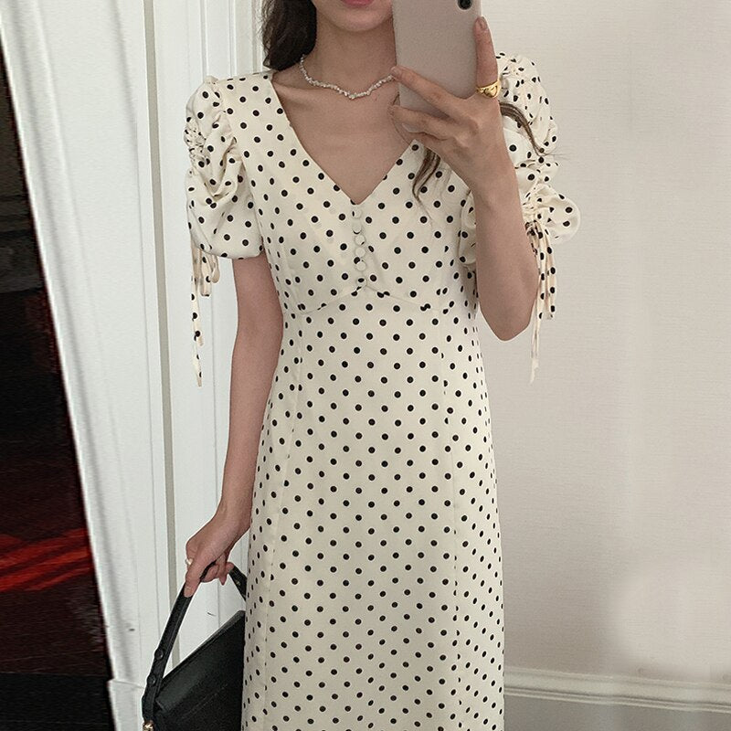 Polka Dot V-Neck Puff Sleeve Dress - Korean Chic