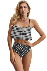 Glowing Top and Striped Bottom High Waist Swimwear