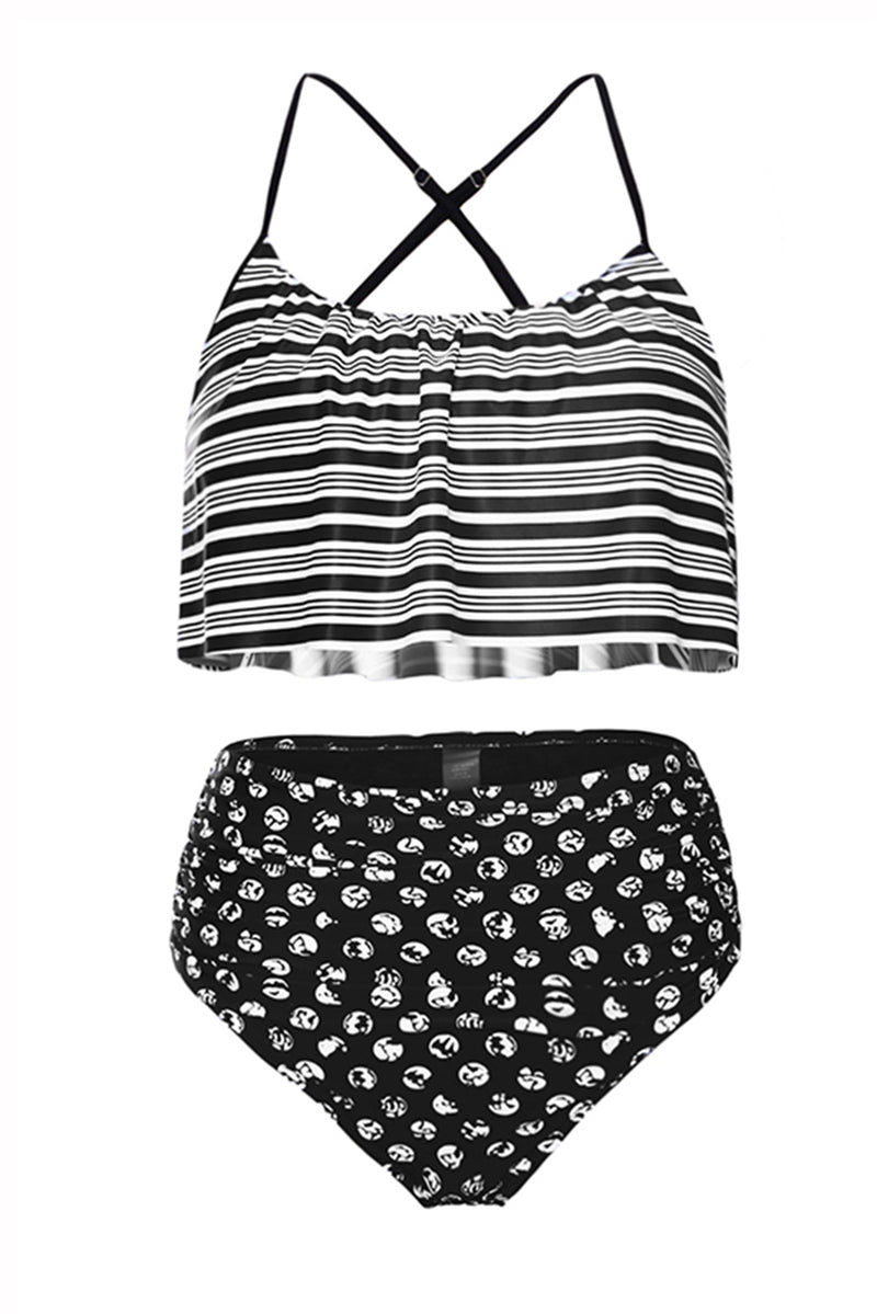 Glowing Top and Striped Bottom High Waist Swimwear