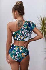 Green Floral Print Ruffled Single Shoulder High Waisted Swimsuit