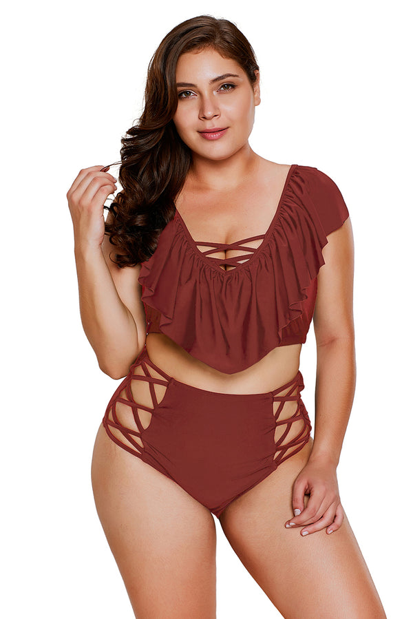 Burgundy Frill Tankini Crisscross High Waist Swimsuit