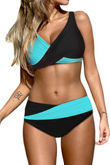 Fluorescent Blue Contrast Color Block Print Wrap V Neck Lace-up Back Bikini