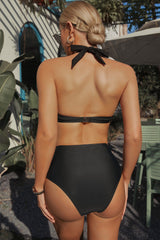 Black Solid Halter Backless Bikini Swimsuit with Sarong