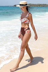 Red Floral High Waist Ruffle Underwire Bikini Swimsuit