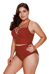 Red Strappy Neck Detail High Waist Swimsuit