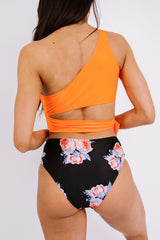 Orange One-shoulder Self-tie Floral Bottom Two-piece Bikini Set