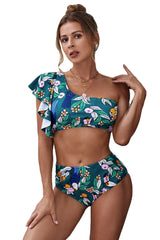 Green Floral Print Ruffled Single Shoulder High Waisted Swimsuit