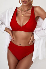 Red Plain Ribbed Texture Sexy Bikini Set