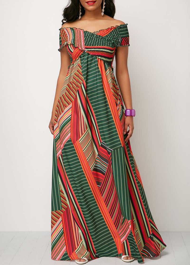 Printed Off the Shoulder Shirred Detail Dress