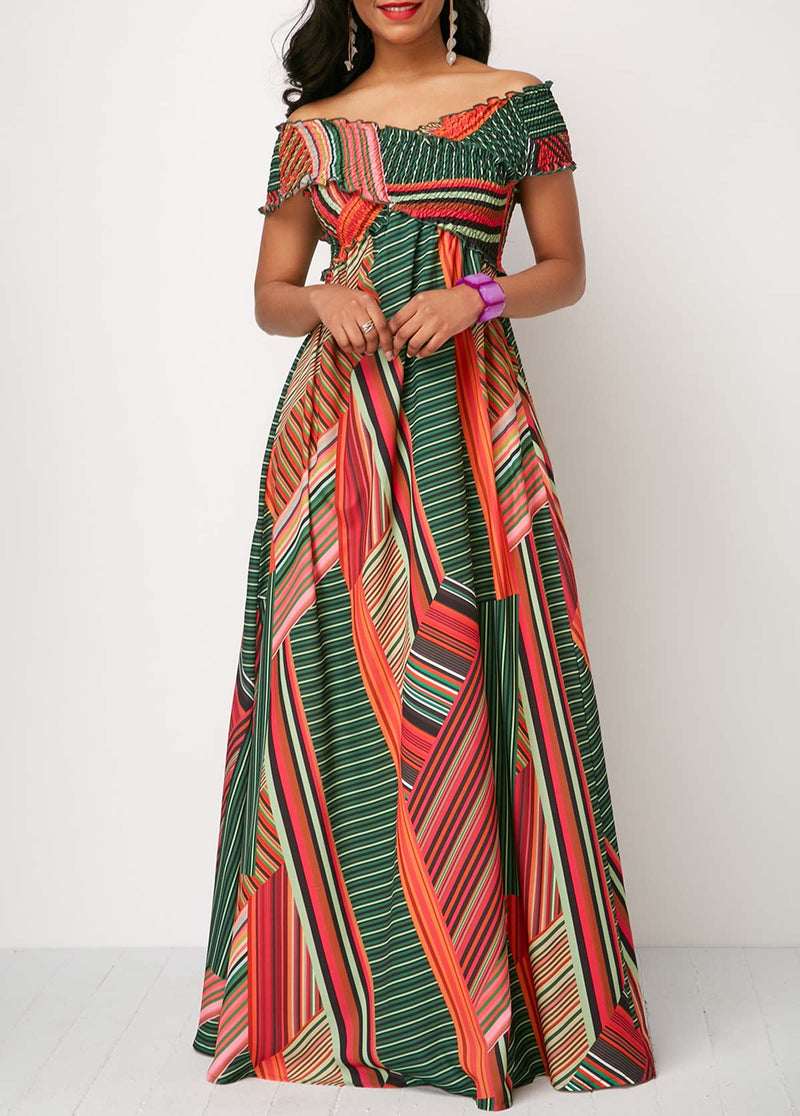 Printed Off the Shoulder Shirred Detail Dress