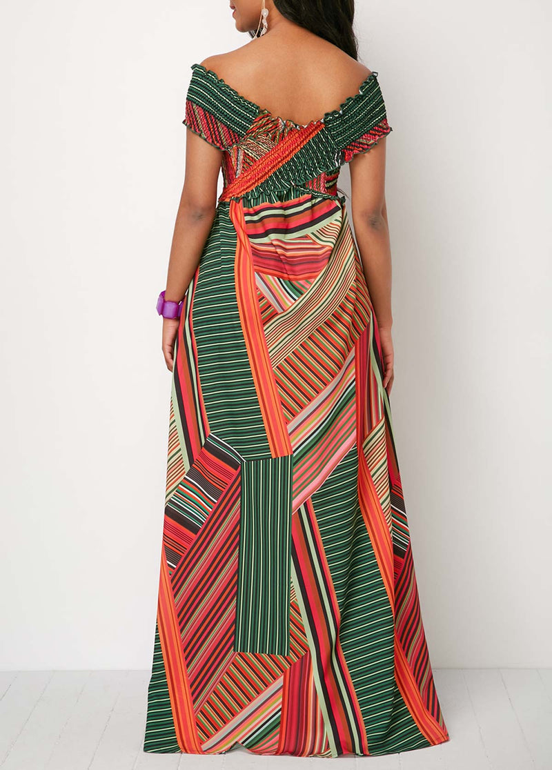 Printed Off the Shoulder Shirred Detail Dress