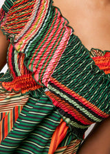 Printed Off the Shoulder Shirred Detail Dress