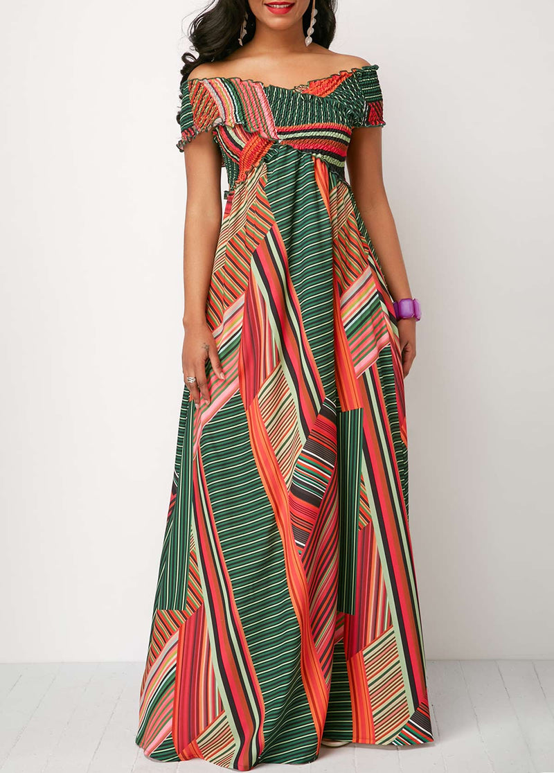 Printed Off the Shoulder Shirred Detail Dress