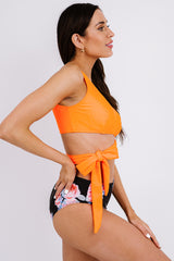 Orange One-shoulder Self-tie Floral Bottom Two-piece Bikini Set
