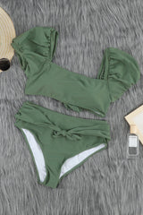 Green Sexy Bubble Sleeves High Waisted Swimsuit