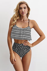 Glowing Top and Striped Bottom High Waist Swimwear
