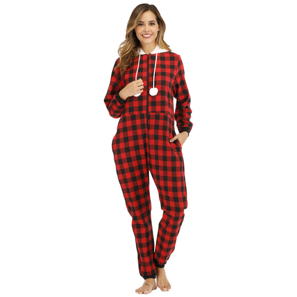 Cotton Plaid Hooded Pajama   Jumpsuit