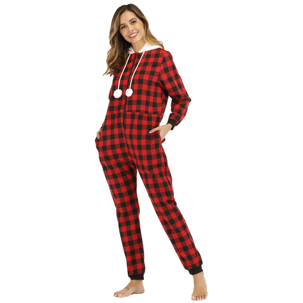 Cotton Plaid Hooded Pajama   Jumpsuit