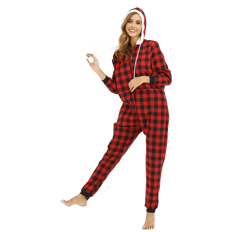 Cotton Plaid Hooded Pajama   Jumpsuit