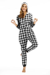 Cotton Plaid Hooded Pajama   Jumpsuit