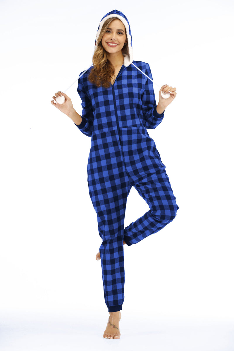 Cotton Plaid Hooded Pajama   Jumpsuit