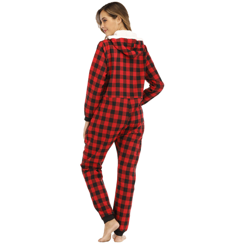 Cotton Plaid Hooded Pajama   Jumpsuit