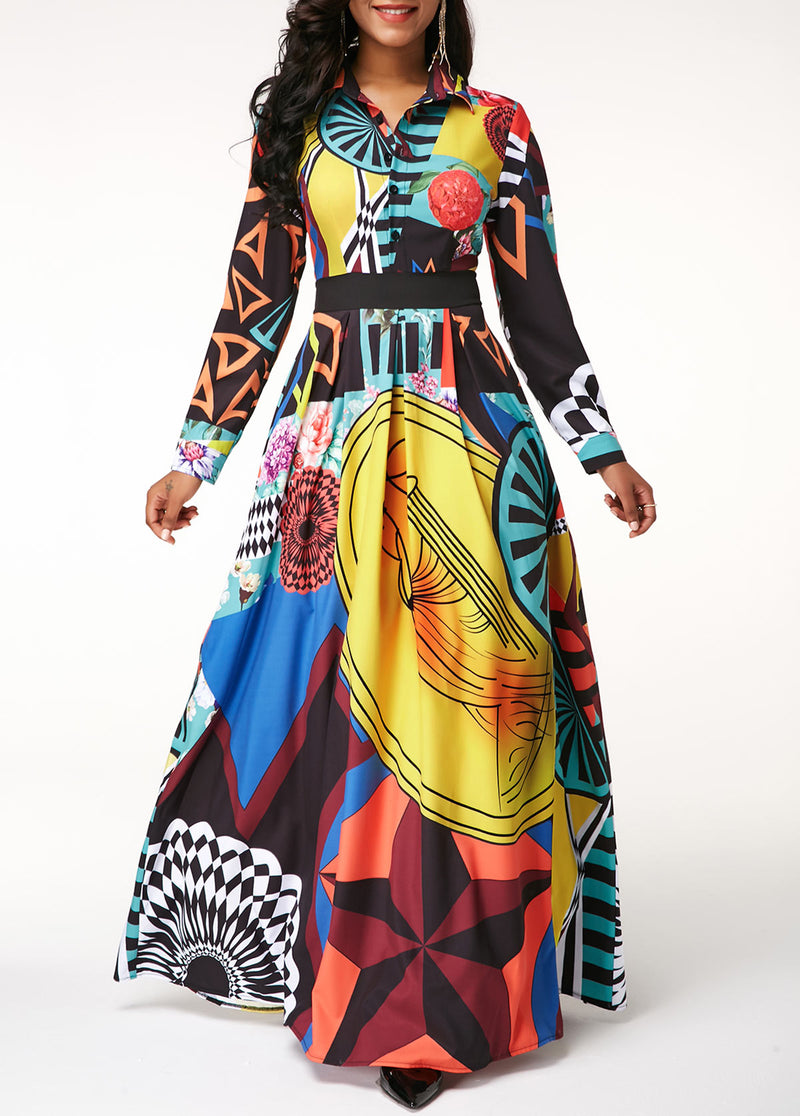 Turndown Collar Printed Button Up Long Sleeve Dress