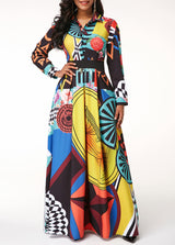 Turndown Collar Printed Button Up Long Sleeve Dress