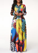 Turndown Collar Printed Button Up Long Sleeve Dress