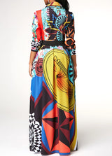 Turndown Collar Printed Button Up Long Sleeve Dress