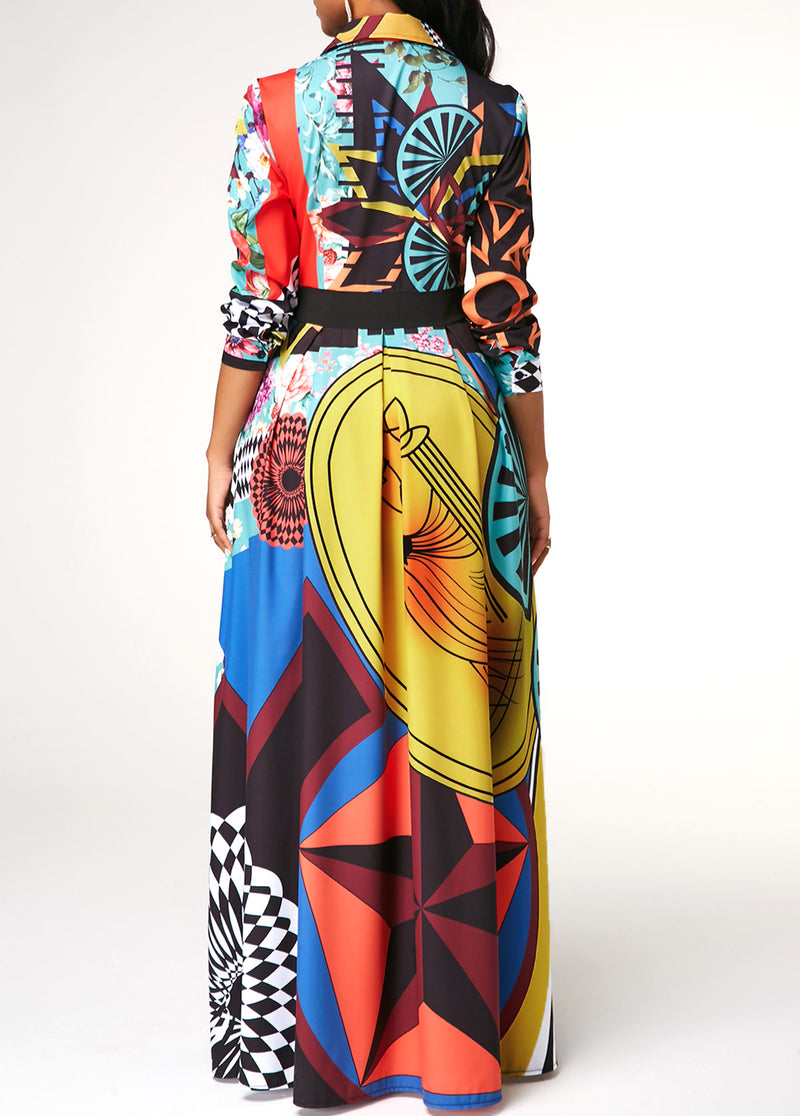 Turndown Collar Printed Button Up Long Sleeve Dress