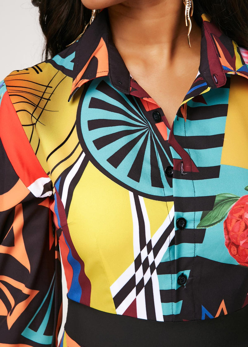 Turndown Collar Printed Button Up Long Sleeve Dress