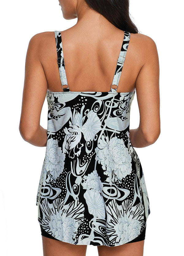 Floral Print Strappy Asymmetric Hem Swimdress and Shorts