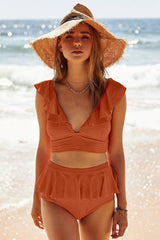 Orange Open Back Ruched Halter Top Shorts Tankini Set